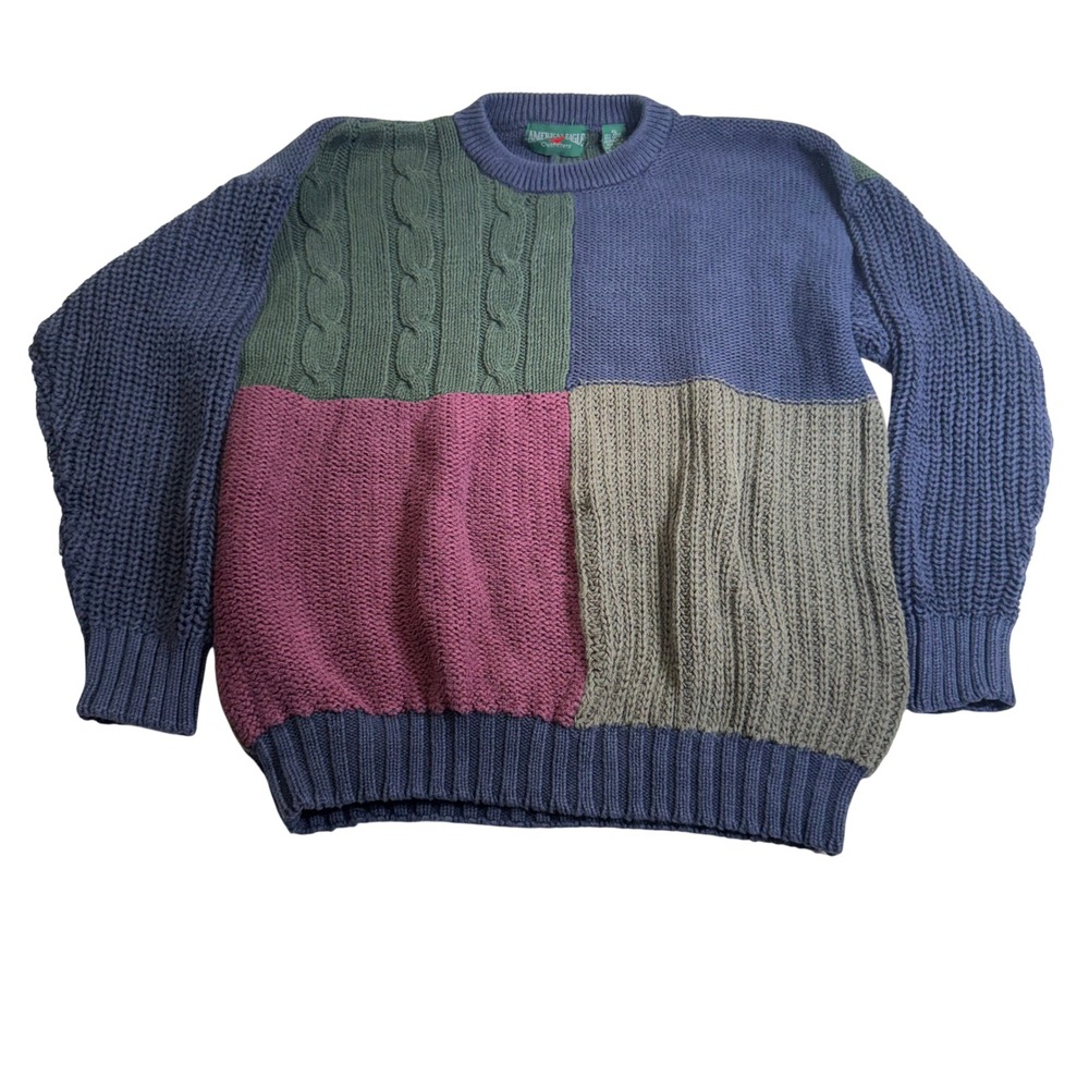 American Eagle Sweater Mens XL Multi Colorblock Vintage 90s Cable Knit Excellent